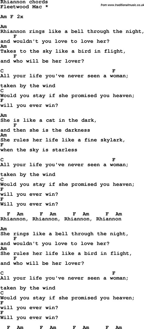 Rhiannon Lyrics by Fleetwood Mac from the Fleetwood Mac album - including song video, artist biography, translations and more: Rhiannon rings like a bell through the night and Wouldn't you love to love her? Takes to the sky like a bird in fligh…